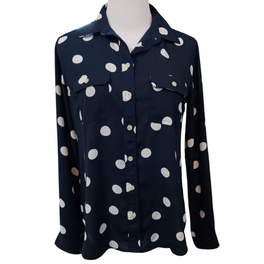 LOFT Blouse Top‎ Career Office Professional Chic XS Navy Blue White Polka Dots